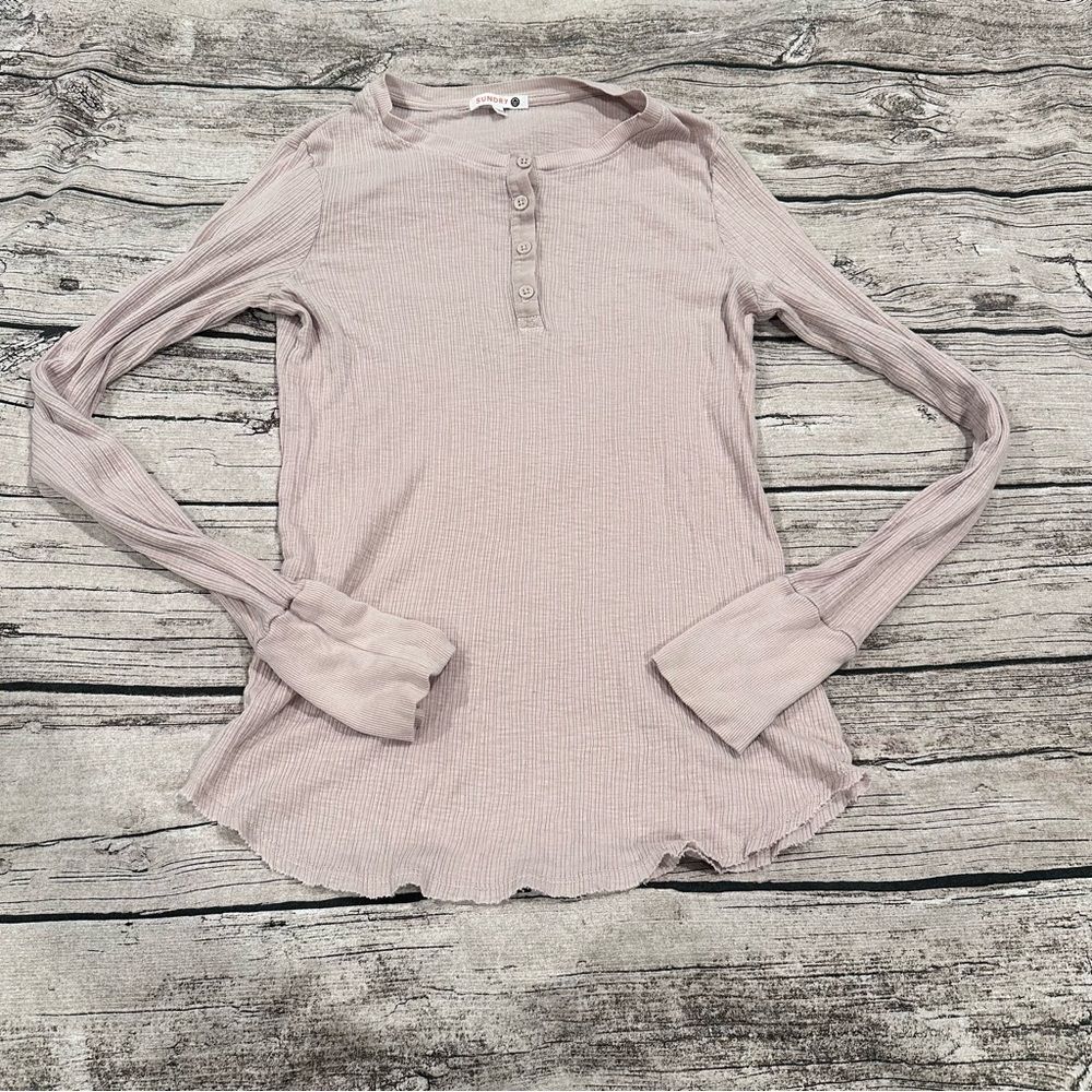 Sundry Beige Ribbed Fitted Henley; Cotton & Modal; Size 3 (Large)